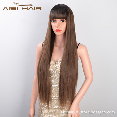 Aisi Hair Wholesale Cheap Vendor Long Silky Straight Wave Ombre Brown Wig With Bangs For Black Women Synthetic Hair Wigs